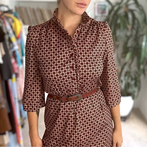 Vintage 70s Dress Geometric Ruffle Victorian Collar Maroon Medium Large - Picture 3 of 6